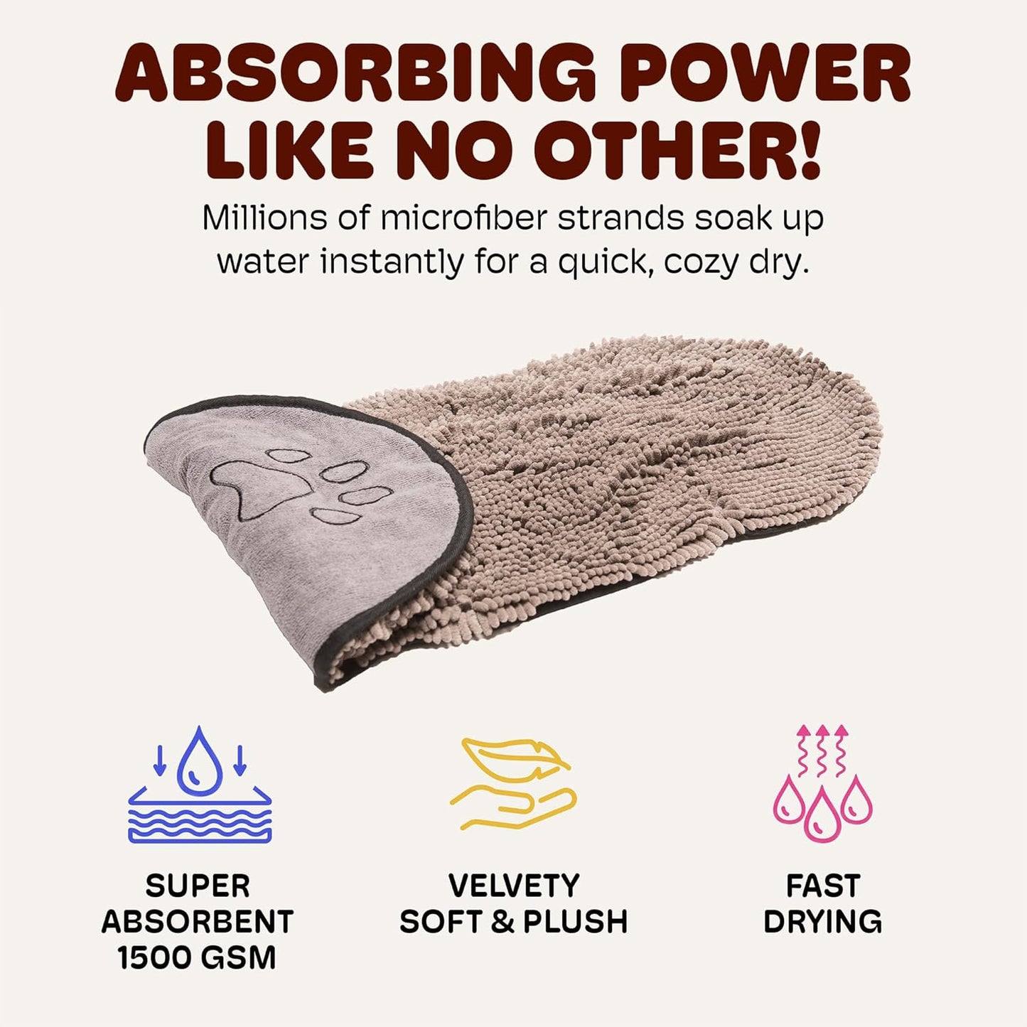 Dog Gone Smart The Dirty Dog Shammy - Fast Drying Plush Shammy Towel with Dual Hand Pockets and Elastic - Super Absorbent Microfiber and Machine Washable - Grey