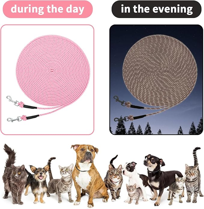 Rypet Reflective Cat Long Leash 15 FT Escape Proof Walking Leads Yard Long Leashes Durable Safe Personalized Extender Leash Traning Play Outdoor for Kitten, Puppy, Rabbit and Small Animals(Pink-S)
