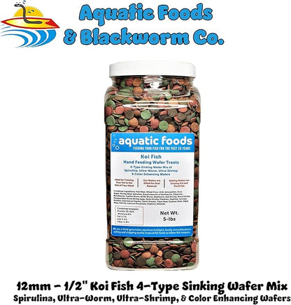 Aquatic Foods Inc. Koi Fish, Hand Feeding 12mm - 1/2" 4-Type Sinking Wafer Treats, Teach Your Koi to Eat Out of Your Hands…5-lb Lg Jar