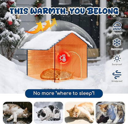 Insulated Outdoor Cat House Weatherproof, Winter Cat Houses for Outdoor Cats with Heated-Foil, Waterproof Feral Stray Cat Shelter with Warm Mat and Door Curtain, Easy to Assemble, Navy Blue