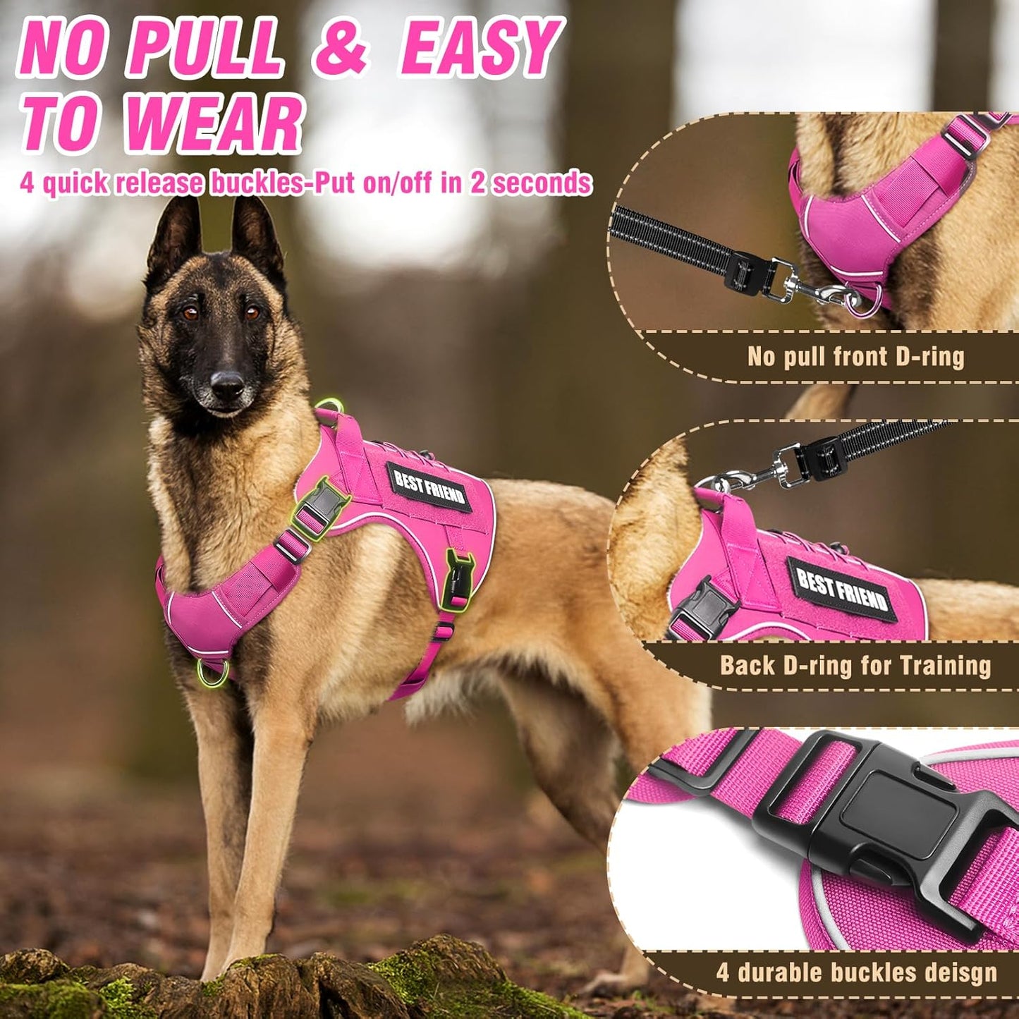 Tactical Dog Harness for Large Dogs,No Pull Military Dog Vest with Handle,Reflective Heavy Duty Pet Harness for Walking Hiking Training Pink L