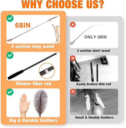 JXFUKAL 2025 Latest Cat Wand Toy, 68”Extra Long Cat Fishing Pole Toy, 4PCS Natural Huge Feather Refills with Silvervine Sticks for Indoor Cats Kitten Kitty Teeth Cleaning Exercise Accessories