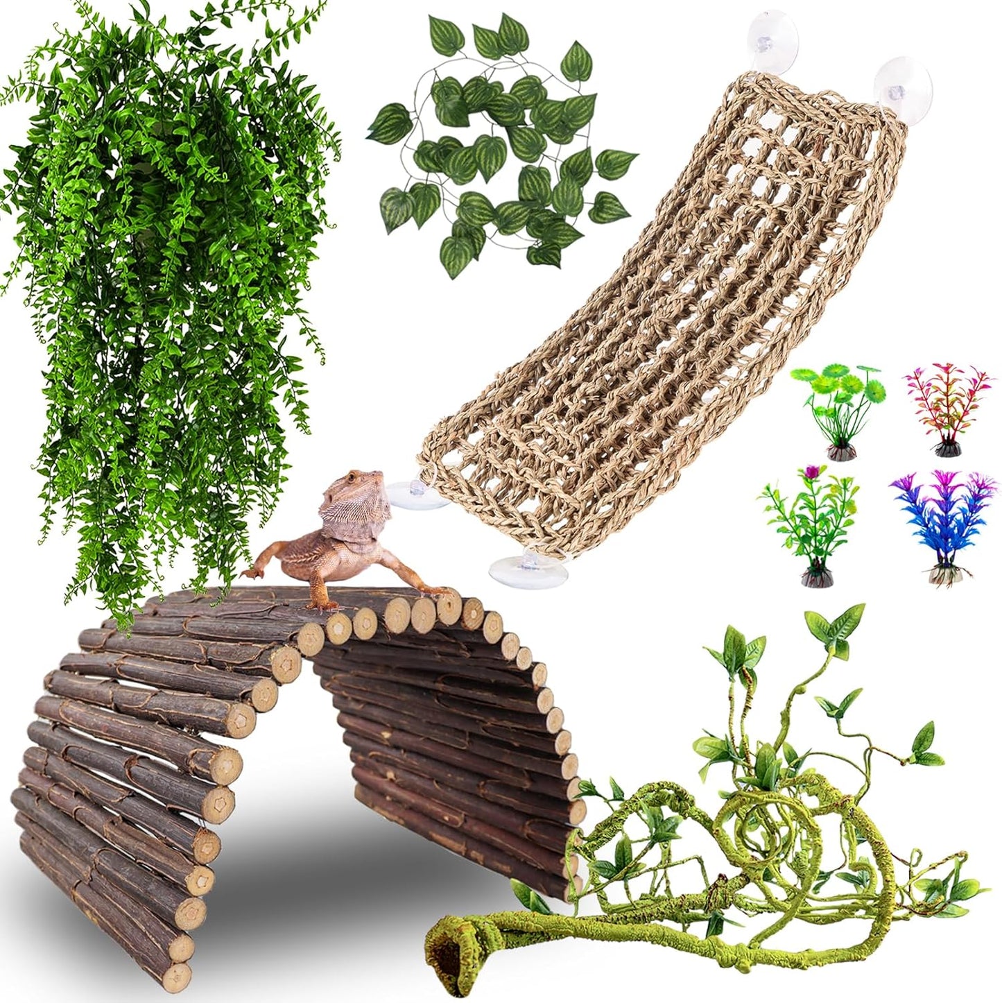 HERCOCCI Bearded Dragon Tank Accessories, Reptile Bridge Hammock Plants Jungle Climbing Vines Terrarium Decor for Bearded Dragon Snake Gecko Lizard