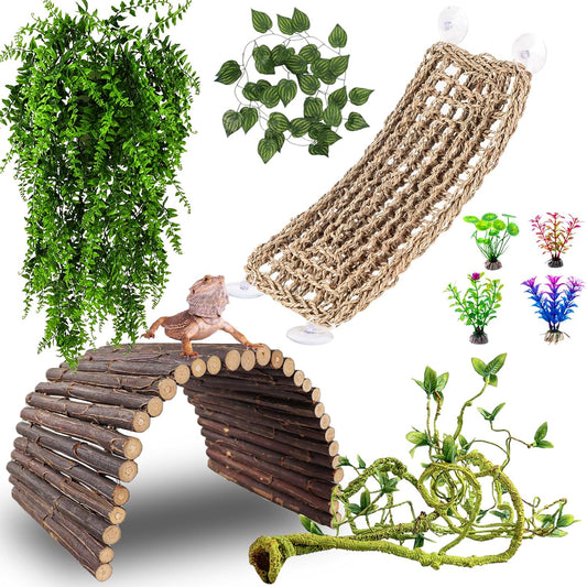 HERCOCCI Bearded Dragon Tank Accessories, Reptile Bridge Hammock Plants Jungle Climbing Vines Terrarium Decor for Bearded Dragon Snake Gecko Lizard