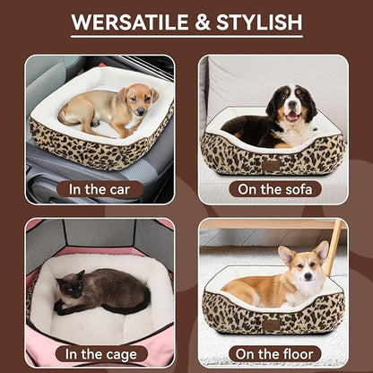 Rectangle Cat Dog Bed for Large Medium Small Pets Indoor Outdoor Machine Washable Sleeping Sofa Non-Slip Bottom Soft Puppy Bed Durable Orthopedic Calming Pet Cuddler (Medium, Leopard)