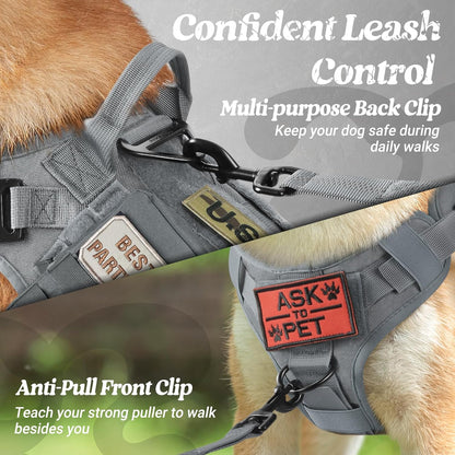 rabbitgoo Tactical Dog Harness Medium Sized, Heavy Duty Pet Harness with Handle, No-Pull Service Vest Medium Breed, Adjustable Military Dog Vest for Training Hunting Walking, Grey, M