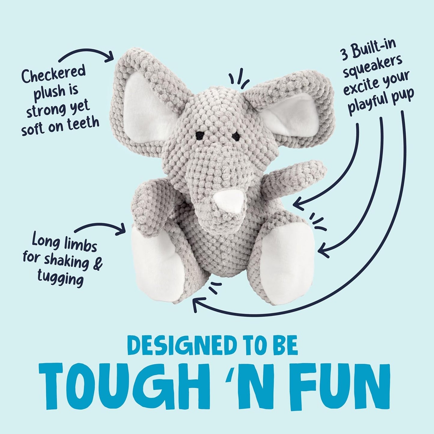 goDog Checkers Elephant Tough Plush Toy with Chew Guard Technology, Durable Checkered Fabric & Squeaker for Active Play, Gray, Large