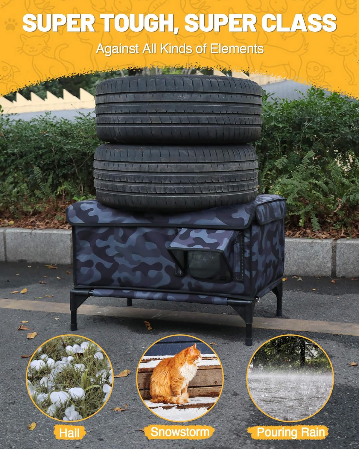 Premium Heated Cat House for Outside Cats, 100% Weatherproof & Windproof Escape Door, Elevated Base, Winter Insulated Feral Stray Outdoor Cat Shelter with Heater