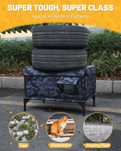 Premium Heated Cat House for Outside Cats, 100% Weatherproof & Windproof Escape Door, Elevated Base, Winter Insulated Feral Stray Outdoor Cat Shelter with Heater