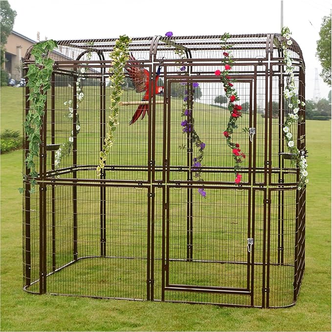 Large Walk-in Cage 87-inch Heavy Duty Bird Cage Outdoor Aviary Parrot Cage Wide Flight Metal Birdcage with Stand for Macaw Budgie Conure Lovebird Parakeet Cockatiel, 7.22x5.25x6.8ft, Brown