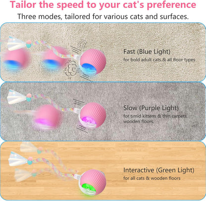 Interactive Cat Toys for Indoor Cats, Interactive Cat Ball Toy with Elastic Mesh Tail, Automatic Cat/Kitten Toys with Chirping & Motion Activate, Cat Toys for Bored Indoor (Pink)