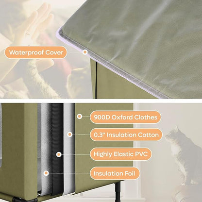 Large Heated Cat House for Outside, Insulated Weatherproof Outdoor Feral Cat House with Timer & Adjustable Temperature Heater Pad, Elevated Pet House with Escape Door for Winter, Barn, Porch