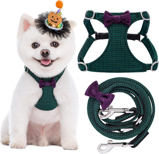 Puppytie No Pull Small Dog Harness with Multifunction Dog Leash,Lightweight Soft Adjustable No Choke Escape Proof Pet Harness Vest Pet Harness Vest,Plaid Green,S