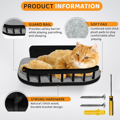 Cat Wall Shelves with 3 Steps – Modern Mounted Cat Wall Furniture & Shelf, Premium Hardwood Bed for Climbing, Sleeping & Lounging, Indoor Hammock for Large Cats - Black