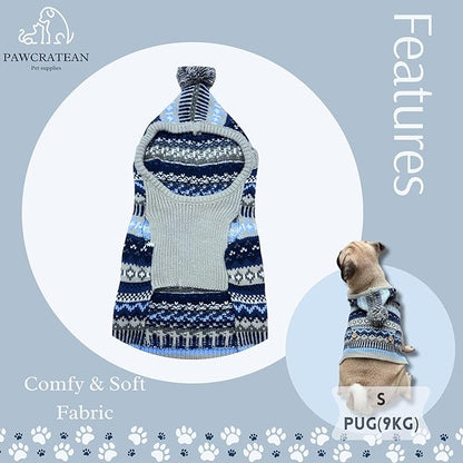 Cute Sweater for Dogs and Cats Soft Flannel Pet Outfit Warm and Cozy Animal Hoodie Small to Large Pet Clothes for Halloween Parties and Everyday Wear (X-Small, Blue Patten with Hat)