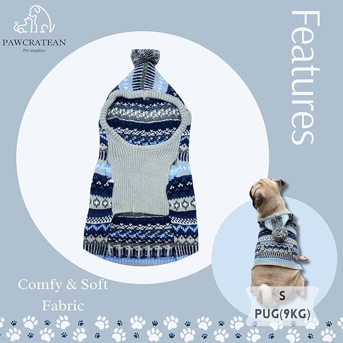 Cute Sweater for Dogs and Cats Soft Flannel Pet Outfit Warm and Cozy Animal Hoodie Small to Large Pet Clothes for Halloween Parties and Everyday Wear (Medium, Blue Patten with Hat)
