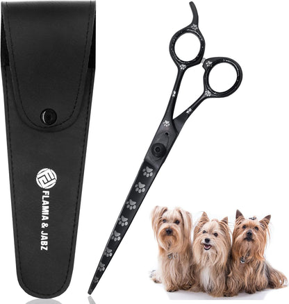 Professional Dog Grooming Scissors/Shears, Straight, with Paw Prints for Dogs, Cats & Pets (Right Handed, Black, Stainless Steel 8 Inch)