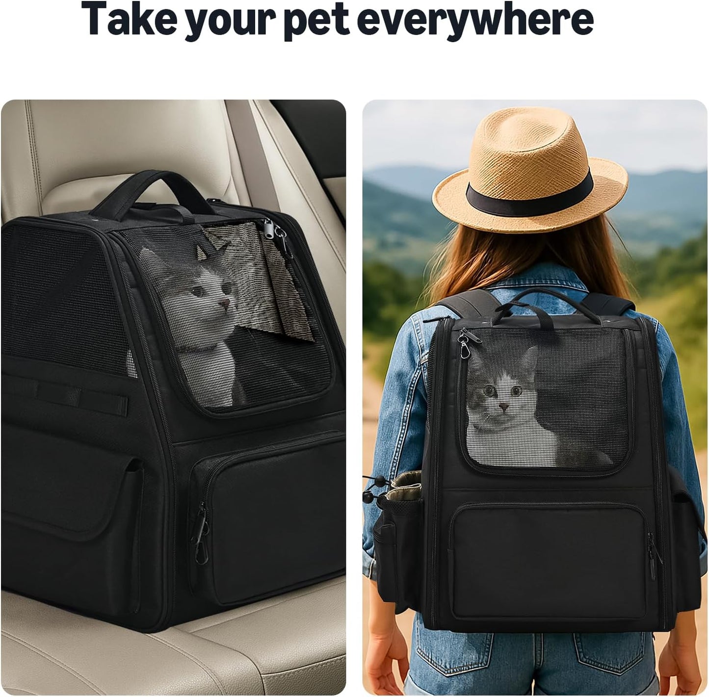 Amazon Basics Pet Backpack for Cats & Small Dogs, Collapsible Travel Carrier with Ventilated Mesh, Removable Pad, and Safety Leash, Black