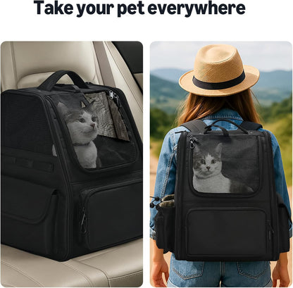 Amazon Basics Pet Backpack for Cats & Small Dogs, Collapsible Travel Carrier with Ventilated Mesh, Removable Pad, and Safety Leash, Black