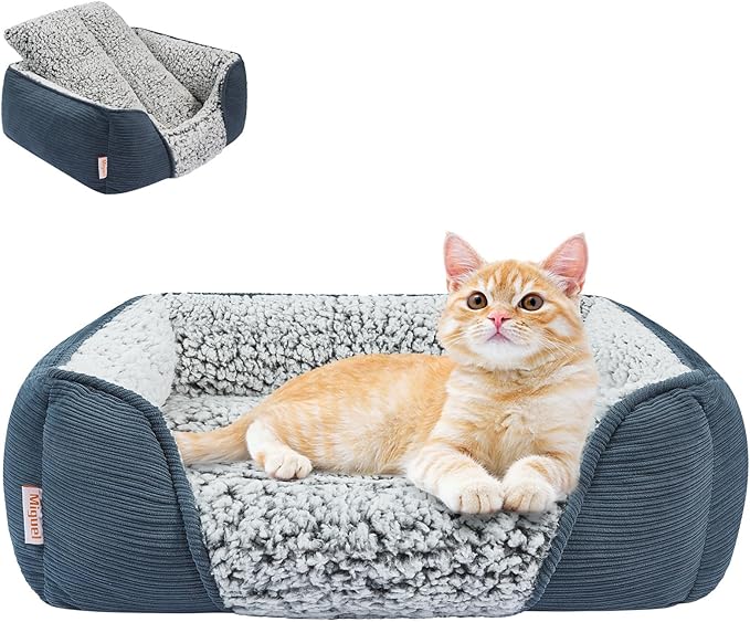 Miguel Washable Cat Bed for Indoor Cats With Removable Cushion, Easy to Wash Small Pet Sofa With Side, Rectangle Bolster Kitten Calming Cuddle Puppy Bed, Anti-Slip Bottom, Blue 20 Inch