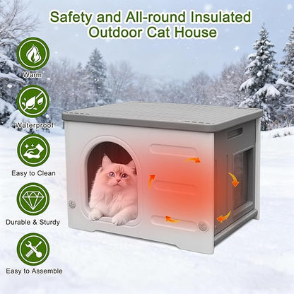 Insulated Cat House Outdoor Weatherpoof Plastic Cats Houses with Escape Door Indoor Waterproof Feral/Pet Cat Shelter Outside for Puppy, Rabbit for Winter