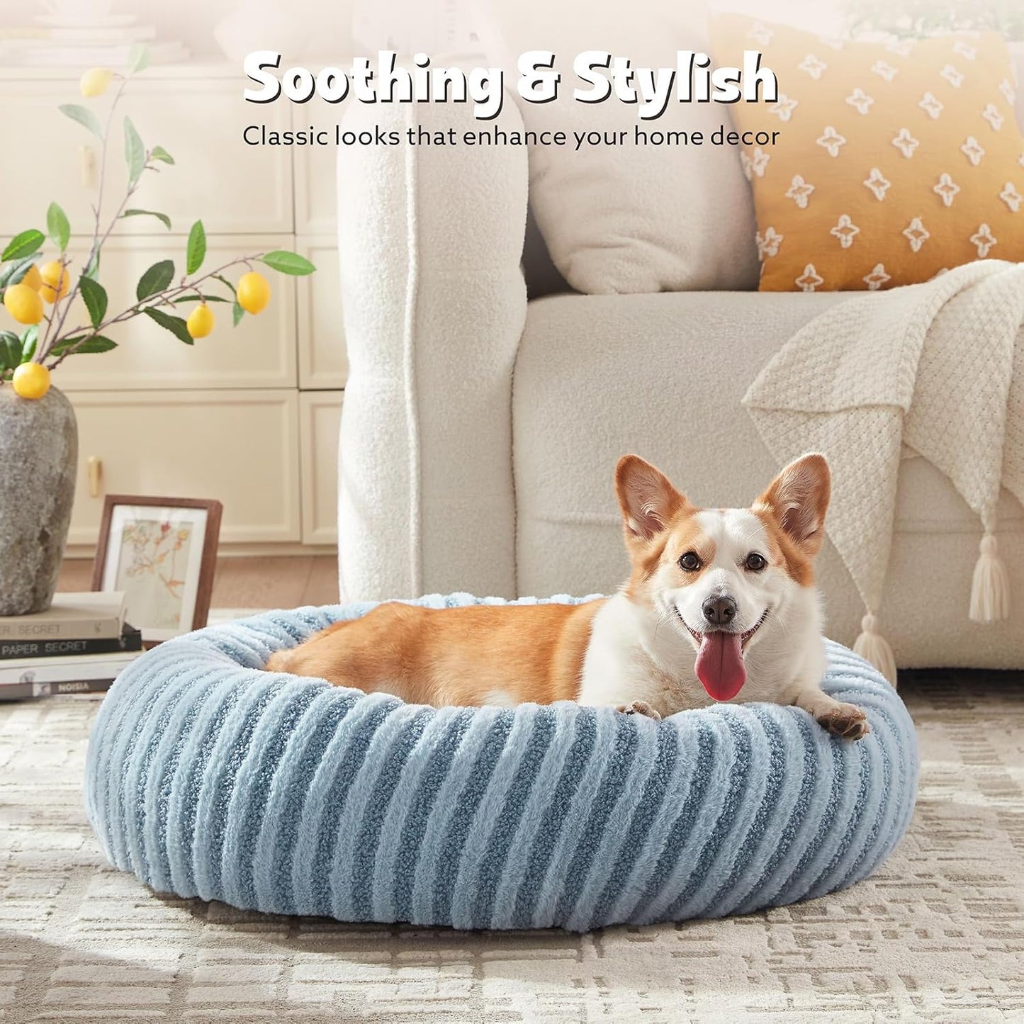 MIXJOY Dog Beds for Small Dogs, Washable Dog Bed with Removable Cover, Small Cat Bed for Indoor Cats, Calming Soft Dount Pet Beds with Anti Slip Bottom, Cute Puppy Beds, 23"x23"x8", Blue