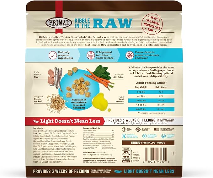 Primal Kibble in The Raw, Freeze Dried Dog Food, Fish & Pork, Scoop & Serve, Made with Raw Protein, Whole Ingredient Nutrition, Crafted in The USA, Dry Dog Food 5.4 lb Bag
