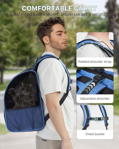 Cat Backpack Carrier with Comfort Handle, Ventilated Cat Backpack with Reflective Strips, Foldable Cat Carrying Backpack for Cats up to 17 lbs and Small Dogs up to 13 lbs (Blue)