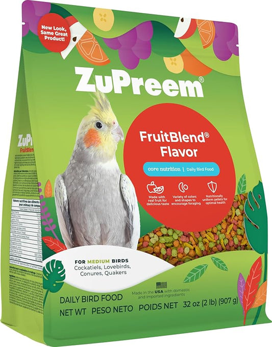 ZuPreem FruitBlend Bird Pellets, Daily Bird Food for Cockatiel, Lovebird, Quaker, Small Conure, Lorikeet, Core Nutrition for Medium Birds, Cockatiel Pellets, Conure Food (M, 2 lbs)