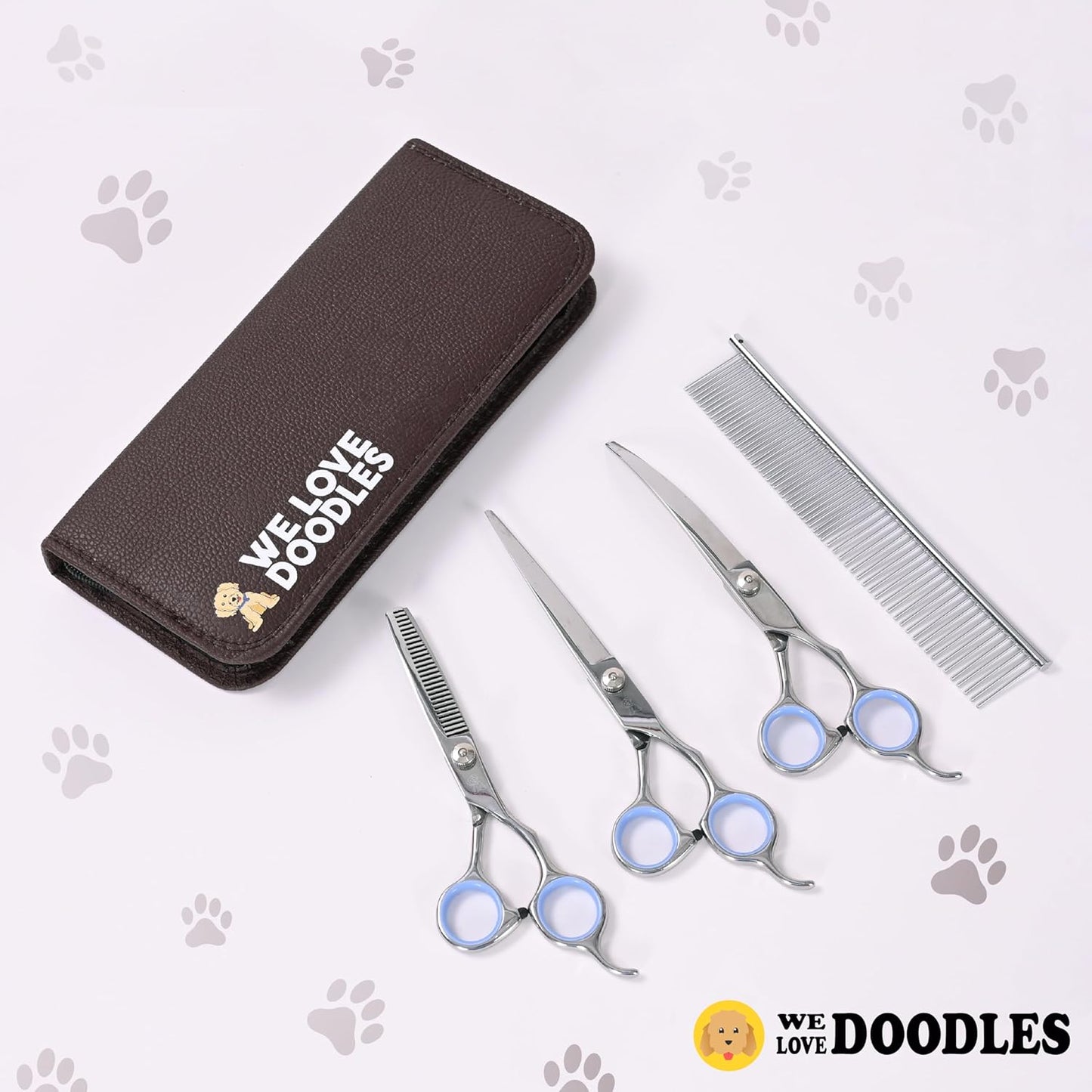 Dog Grooming Scissors Kit - Best Tools for Goldendoodles, Poodles & Doodles - Straight, Curved & Thinning Shears - Golden Doodle Grooming Kit - Professional Grade Steel, 4 Pc Set (Long Silver)