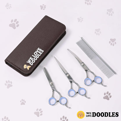 Dog Grooming Scissors Kit - Best Tools for Goldendoodles, Poodles & Doodles - Straight, Curved & Thinning Shears - Golden Doodle Grooming Kit - Professional Grade Steel, 4 Pc Set (Long Silver)