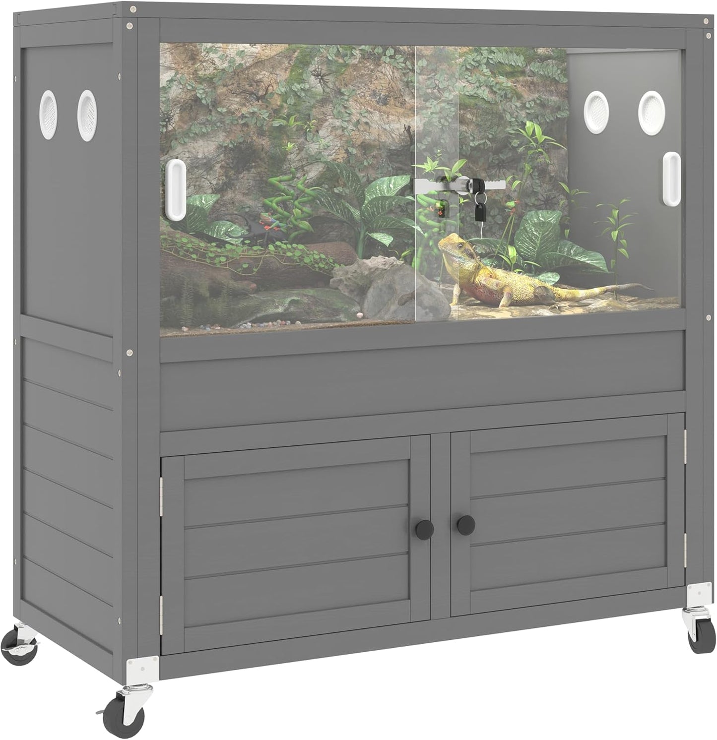 40 Gallon Reptile Tank with Storage Cabine,Bearded Dragon Tank with Stand,Reptile Enclosure with Sturdy Locks, Heat-Resistant Mesh Top, Adjustable Cabinet and 4 Wheels