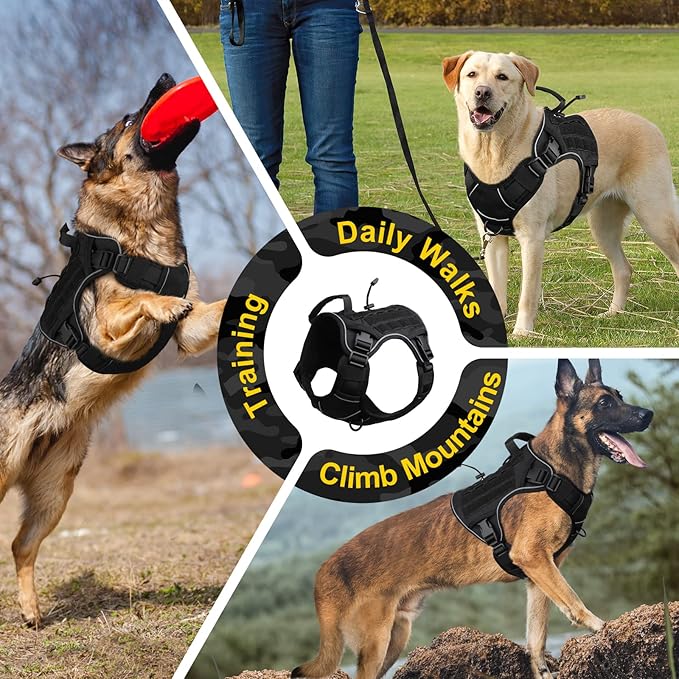 WINGOIN Black Tactical Dog Harness for Large Dogs, Heavy Duty No Pull Dog Harness with Handle, Adjustable Reflective Military K9 German Shepherd Big Size Dog Vest for Walking, Training, Hunting (L)
