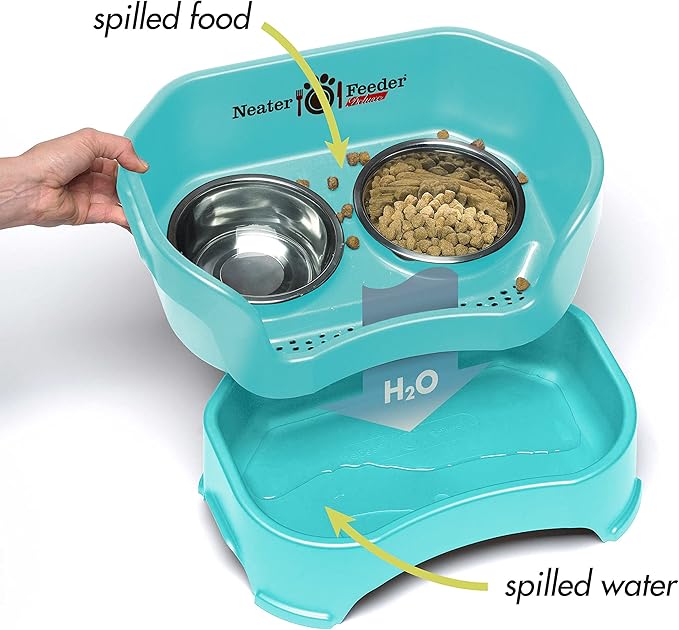 Neater Feeder Deluxe Mess Proof Cat Bowls Elevated for All Breeds – Made in USA – No Spill Raised Cat Bowls for Indoor Cats w/Leg Extensions – Stainless Steel Cat Food and Water Bowl Set - Teal