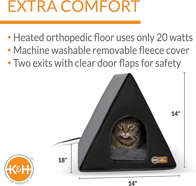 K&H Pet Products Heated Outdoor A-Frame Cat House, Weatherproof Shelter for Strays & Ferals, Safety Listed Insulated Outdoor Kitty House, Removable Door Flaps - Gray/Black 18 X 14 X 14in 20W