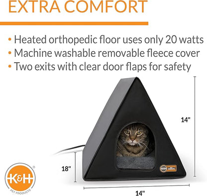 K&H Pet Products Heated Outdoor A-Frame Cat House, Weatherproof Shelter for Strays & Ferals, Safety Listed Insulated Outdoor Kitty House, Removable Door Flaps - Gray/Black 18 X 14 X 14in 20W