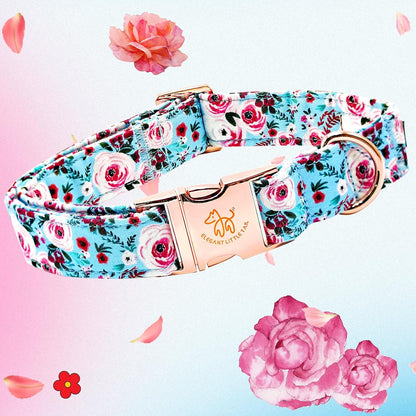 Elegant Pink Floral Print Summer Dog Collar - Cotton, Durable, Metal Buckle for X-Large Dogs