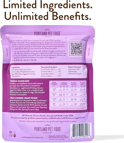Portland Pet Food Company Fresh Dog Food Pouches - Human-Grade Toppers Wet Pet Meal & Mixers - Gluten-Free Limited Ingredient Winnie's Lamb N' Rice - Large & Small Breed Puppy & Senior Dogs - 8 Pack
