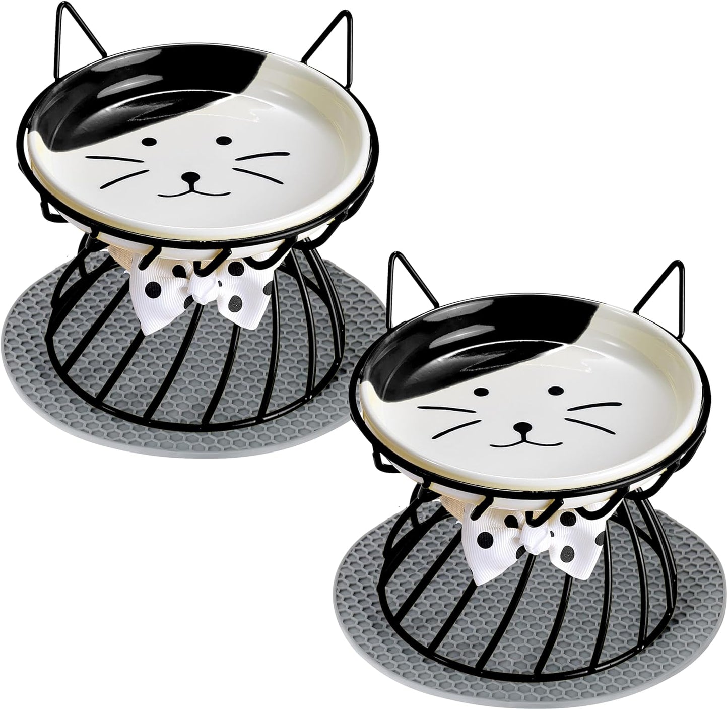 2PCS Ceramic Elevated Cat Bowls, Raised Pet Food Bowl Whisker Friendly, Anti-Vomiting Food Plate with Cute Metal Stand, Shallow Food Plate for Indoor Cat, Protects Spine