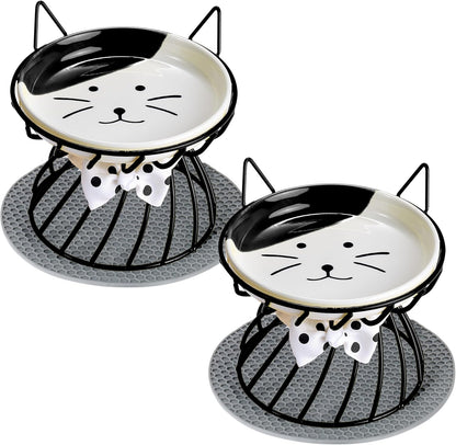 2PCS Ceramic Elevated Cat Bowls, Raised Pet Food Bowl Whisker Friendly, Anti-Vomiting Food Plate with Cute Metal Stand, Shallow Food Plate for Indoor Cat, Protects Spine