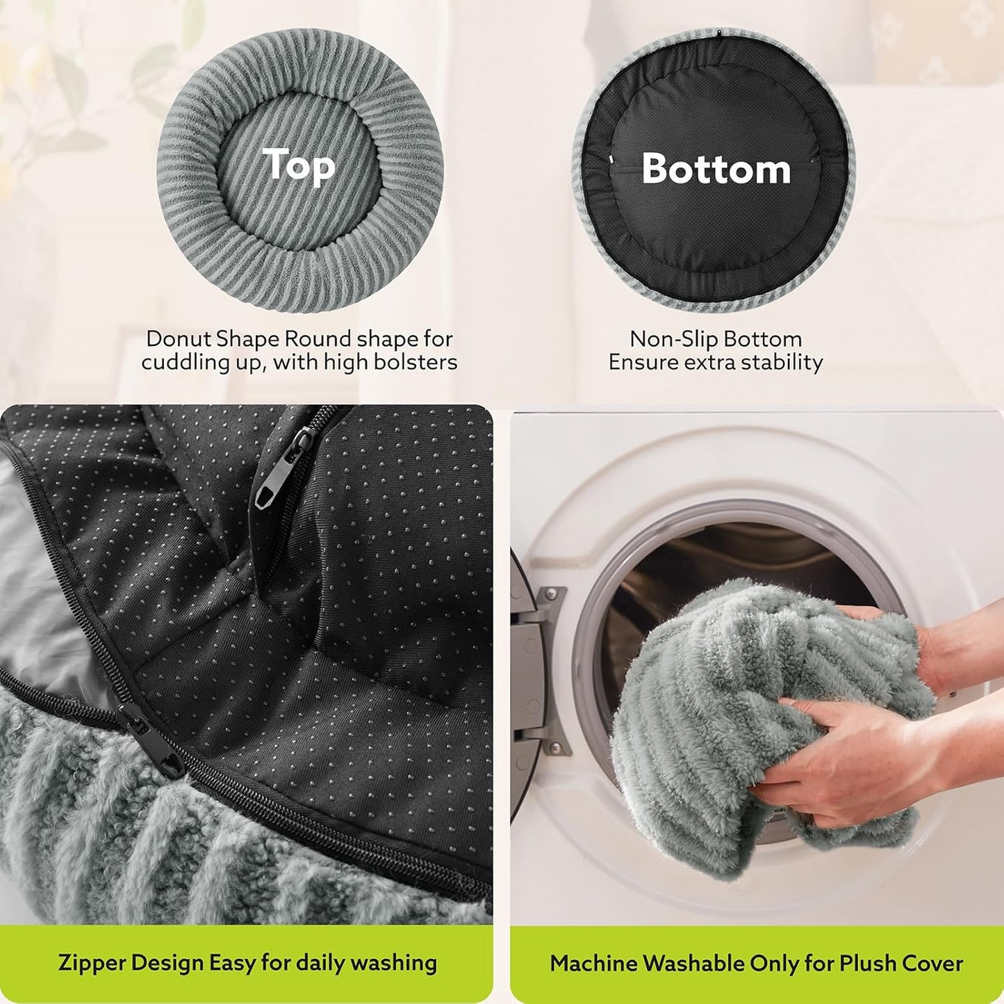 MIXJOY Dog Beds for Small Dogs, Washable Dog Bed with Removable Cover, Small Cat Bed for Indoor Cats, Calming Soft Dount Pet Beds with Anti Slip Bottom, Cute Puppy Beds, 23"x23"x8", Grey