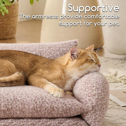 Hollypet Cat Bed Fluffy Plush Mutifuctional Double-Layer Soft Pet Couch Orthopedic Sofa Nest Beds for Small Cats and Dogs, Pink Leopard (21x15x8 inch)