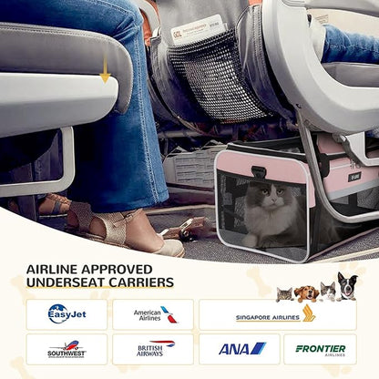 Lekereise Top-Expandable Pet Carrier - TSA Airline Approved Soft Sided Underseat Up to 12lbs Travel Carriers for Small Cats and Dogs with Locking Safety Zippers Anti-Scratch Mesh Pink