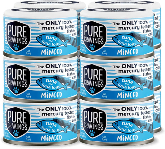 Pure Cravings Minced Tuna and Tuna Loin Wet Canned Cat Food, 100% Mercury-Tested, Moist Can Fish for Cats, Grain-Free, Protein, Non-GMO, 3oz, Pack of 12