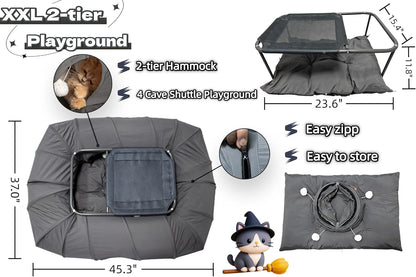 XxingSheep 2-Tier Cat Tunnel & Hammock Bed XXL, 4 Cave Shuttle with Elevated for Multiple Cats Toy Dark Grey