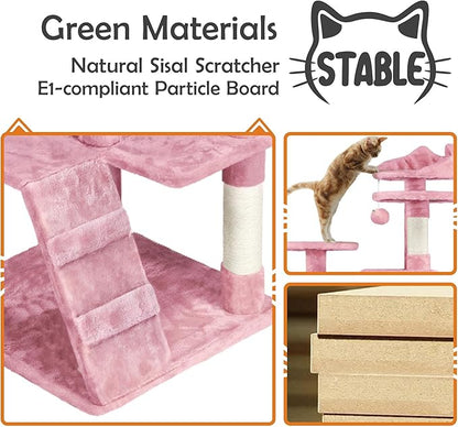 Yaheetech 62in Cat Tree Tower for Indoor Cats, Kitten Furniture with Double Condo, Scratching Posts, Multiple Platforms and Balls for Kitty, Pink