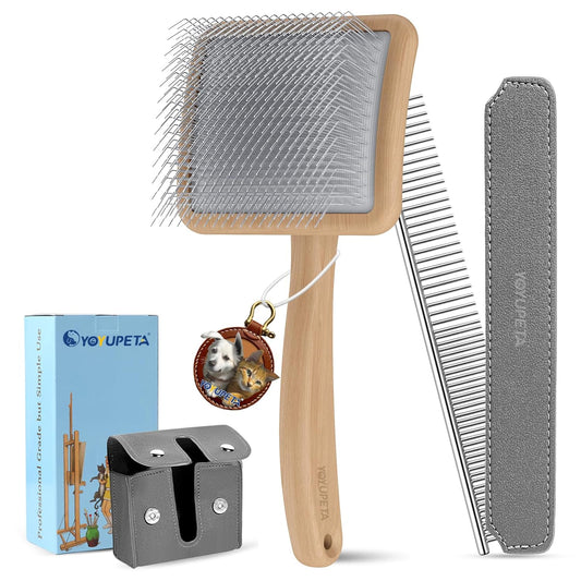 Large Dog Slicker Brush & Comb Set with Leather Sleeves - Long Pin Deshedding Brush for Golden Retrievers, Poodles, Doodles & Thick Coats, Wood Handle Pet Grooming Kit for Dogs, Cats. Natural