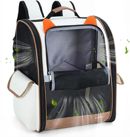 Lekereise Ventilated Cat Backpack Carrier, Pet Carrier Backpack Airline Approved for Small Dogs Medium Cats Fit Up to 18 Lbs, Dogs Foldable Backpack Carrier for Travel, Hiking, Beige-Orange Ears