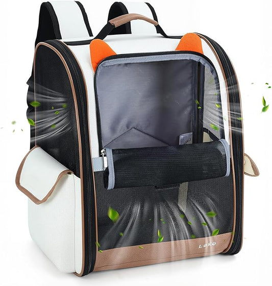 Lekereise Ventilated Cat Backpack Carrier, Pet Carrier Backpack Airline Approved for Small Dogs Medium Cats Fit Up to 18 Lbs, Dogs Foldable Backpack Carrier for Travel, Hiking, Beige-Orange Ears