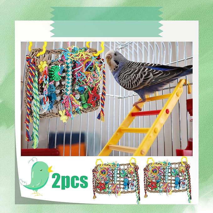 Liliful 2 Pieces Bird Foraging Toys for Parakeets Cockatiel Conures Lovebirds Foraging Shredding Seagrass Wall with Colorful Chewing Toys
